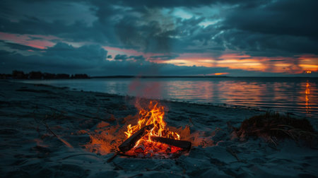 Smoke swirling in the air from a bonfire on a beach during a summer night.の素材
