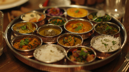 Traditional Indian thali with a variety of regional dishes served in small bowls on a decorative tray.の素材