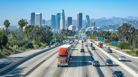 Trucks on a busy expressway transporting goods between cities with clear blue sky overhead.の素材