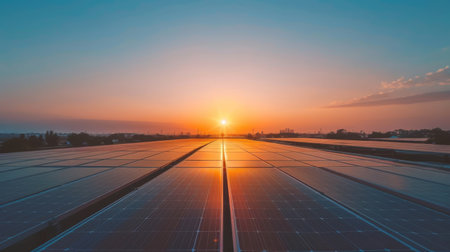 Solar panels on a rooftop collecting renewable energy with the sun in the background against a clear sky.の素材