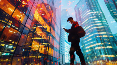 A businessman using a smartphone while walking past skyscrapers, depicting urban connectivityの素材