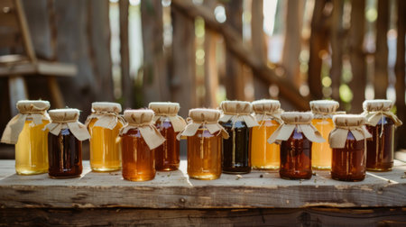 A beautifully arranged set of honey jars with different shades of honey, showcasing variety and natural beautyの素材