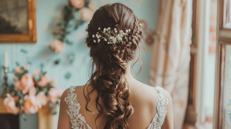 A bride with half-up half-down hairstyle, preparing for her wedding dayの素材