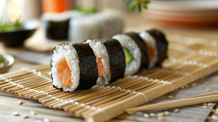 A bamboo sushi mat with freshly rolled sushi rolls, ready to be sliced and servedの素材