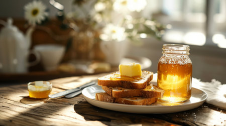 A breakfast scene with toast, butter, and a jar of honey, evoking a cozy and delicious morning mealの素材