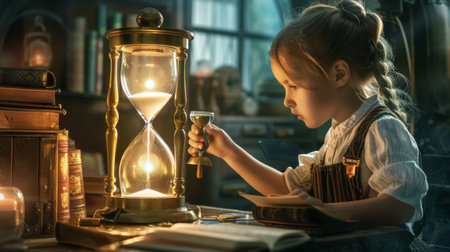 A child holding a large hourglass, curiosity and learning about time passingの素材