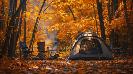 A camping setup with a tent, chairs, and a campfire under a canopy of autumn leaves, capturing the beauty of fall campingの素材