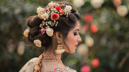 A bride with intricate bridal hairstyle, adorned with flowers and accessoriesの素材