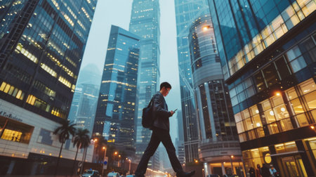 A businessman using a smartphone while walking past skyscrapers, depicting urban connectivityの素材