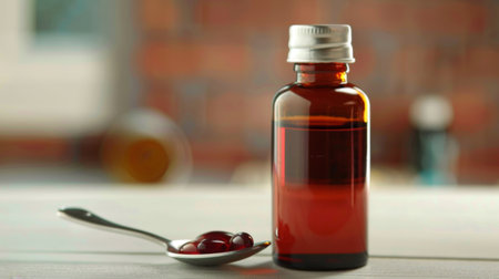 A bottle of cough syrup and a spoonful of liquid medicine, relief for cold and fluの素材