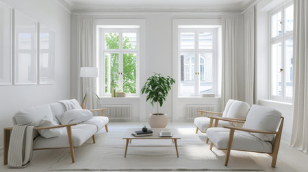 A bright living room with clean lines, white walls, and minimal furniture, highlighting simplicity and eleganceの素材