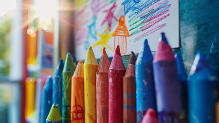 A child's artwork displayed on a refrigerator door, featuring colorful crayon drawingsの素材
