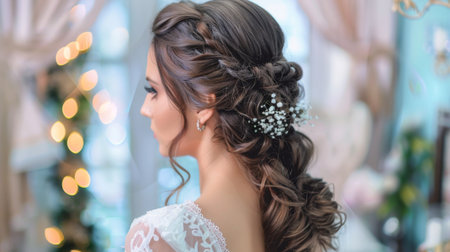 A bride with half-up half-down hairstyle, preparing for her wedding dayの素材