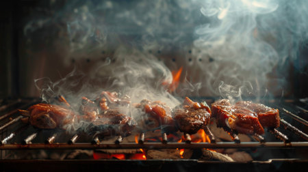 A barbecue smoker grill releasing aromatic smoke, with meat cooking inside, enhancing flavorsの素材