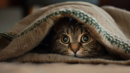 A chubby cat peeking out from under a blanket, showcasing its playful and curious demeanorの素材