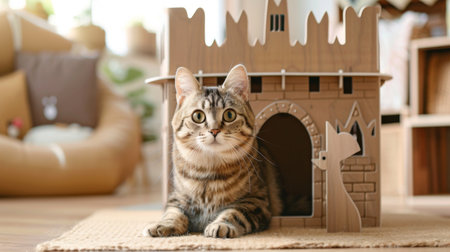 A cat house shaped like a mini castle, with a cat sitting at the entrance, highlighting a whimsical and fun designの素材