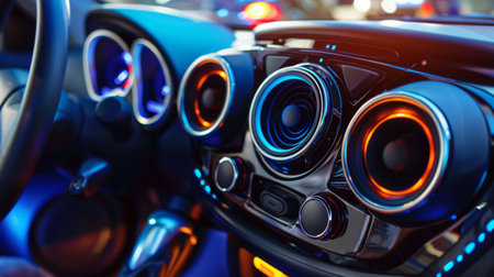 A car audio system with speakers installed in a vehicle dashboard, enhancing driving experienceの素材