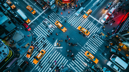 A busy urban intersection with cars and pedestrians during rush hourの素材
