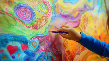 A child's hand coloring a large mural with crayons, depicting a vibrant and imaginative sceneの素材