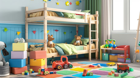 A child's bedroom with a colorful bunk bed and toys scattered around, representing a playful environmentの素材
