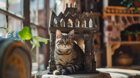 A cat house shaped like a mini castle, with a cat sitting at the entrance, highlighting a whimsical and fun designの素材
