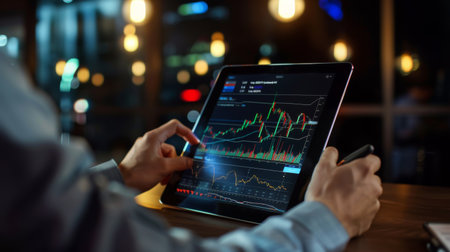 A businessman using a tablet to monitor stock market graphs and portfolio performanceの素材