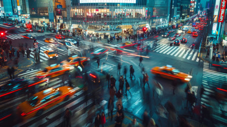 A busy city intersection at dusk, with people and cars moving in harmony, reflecting the dynamic energy of city lifeの素材