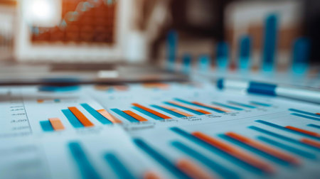 A close-up of a business report with detailed bar graphs and statistical dataの素材