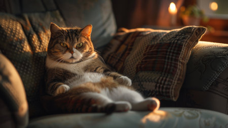 A chubby cat lounging on a cozy sofa, looking content and relaxed in a warm, homely environmentの素材