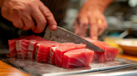 A chef slicing sashimi from a block of fresh tuna, showcasing Japanese culinary craftsmanshipの素材