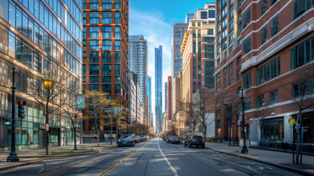 A city street lined with tall residential skyscrapers, capturing urban living spacesの素材