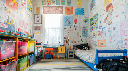 A child's bedroom wall decorated with crayon drawings, showcasing personalized artworkの素材