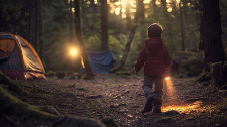 A child exploring a forest trail with a flashlight, with the campsite in the background, highlighting the wonder and adventure of campingの素材