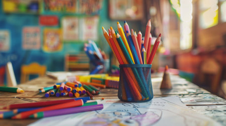 A classroom table with crayons and coloring books, illustrating early childhood education and creativityの素材