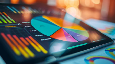 A close-up of a digital tablet showing a pie chart and bar graph, illustrating business performance metricsの素材
