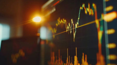A close-up of a computer screen showing a gold price graph fluctuating over time, with market indicatorsd83の素材