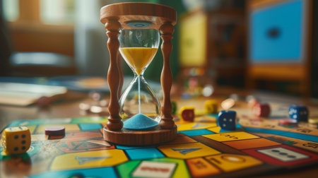A close-up of an hourglass timer used in board games, fun and competitionの素材