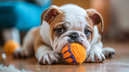 A challenging bulldog puppy refusing to share its toys, growling possessivelyの素材