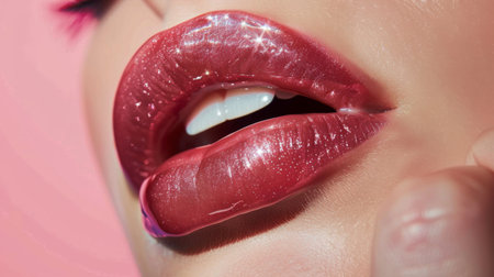 A close-up of lips with a glossy finish, capturing the shine and smooth texture of a high-gloss lipstickの素材