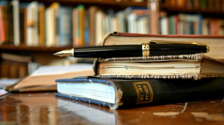 A close-up of a pen and a stack of books on a desk, symbolizing studying and learningの素材