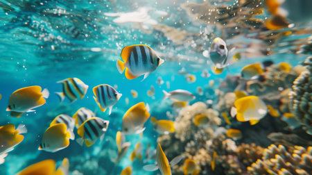 An underwater photographer capturing a school of tropical fish in a coral reef ecosystem.の素材