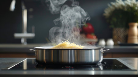 Steam rising from a pot of boiling pasta on a modern induction cooktop.の素材