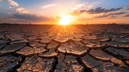 Barren cracked earth in a dry desert landscape under scorching sun rays, symbolizing severe drought.の素材