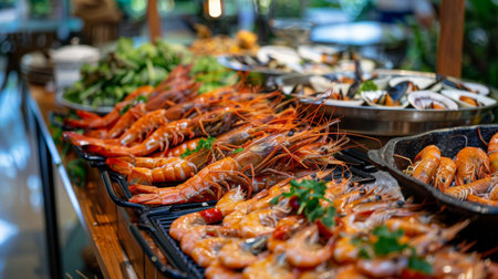 A seafood buffet table featuring a variety of grilled shrimp dishes and accompaniments.の素材