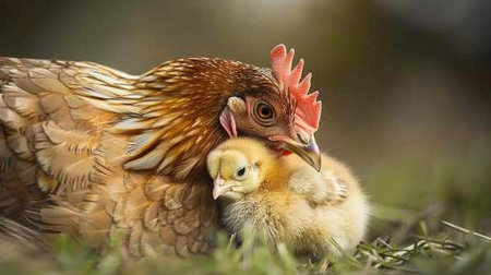 Close-up of a mother hen grooming her chick's feathers with care and tenderness.の素材
