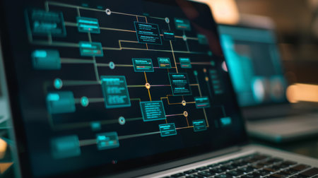 Close-up of a laptop screen displaying a complex organizational chart.の素材