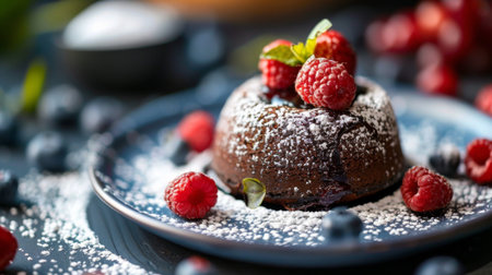 Close-up of a decadent chocolate lava cake topped with powdered sugar and berries.の素材
