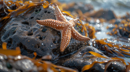 Close-up of a starfish clinging to a rock exposed at low tide, with seaweed around it.の素材