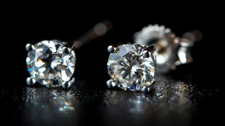 Close-up of elegant diamond stud earrings sparkling against a black background.の素材
