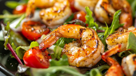 Close-up of grilled shrimp salad with mixed greens, cherry tomatoes, and vinaigrette dressing.の素材